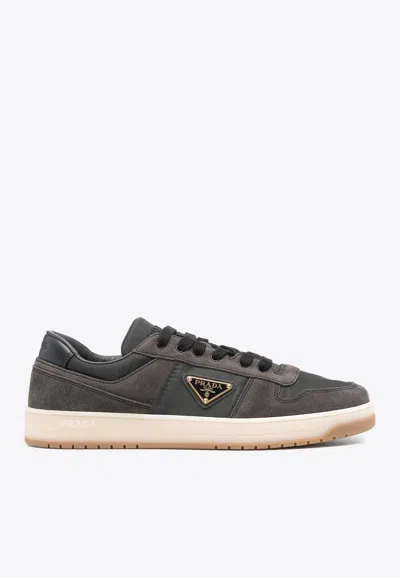 Prada Enamel-triangle Suede Sneakers In Beige
