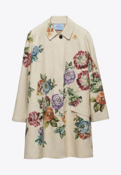 Prada Floral-print Single-breasted Coat In Beige