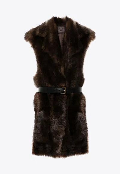 Prada Brown Fur Sleeveless Trench Coat In Brown
