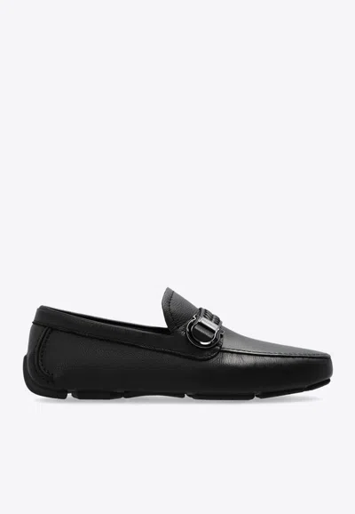 Ferragamo Men Parigi Gancini Leather Drivers Loafers Pebbled T Moro In Black