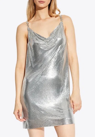 Versace Metallic Short Dress With Draped Neck In Silver