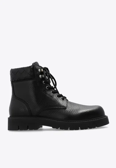 Bottega Veneta Black Grained Calf Leather Haddock Lace Up Ankle Boots In Black