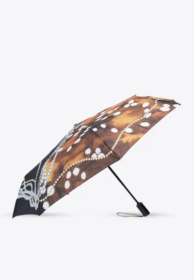 Moschino Strung-pearls Logo-print Compact Umbrella In Multicolor