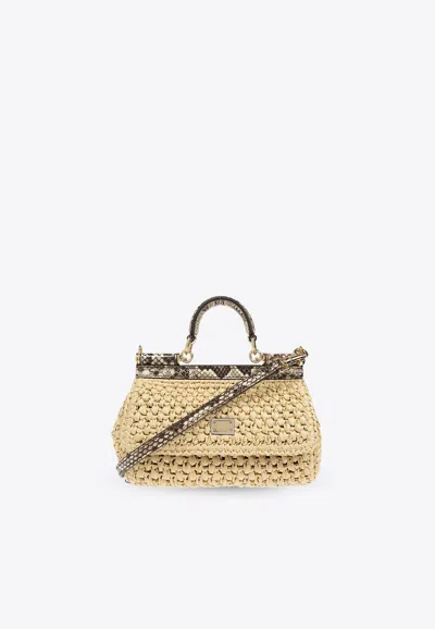 Dolce & Gabbana Small Sicily Woven-raffia Shoulder Bag In Beige