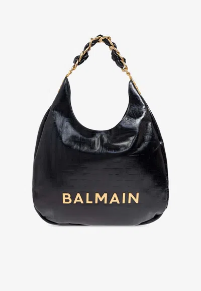 Balmain Large 1945 Soft Hobo Bag In Embossed Crinkled Calfskin With A Pb Labyrinth Monogram In Black