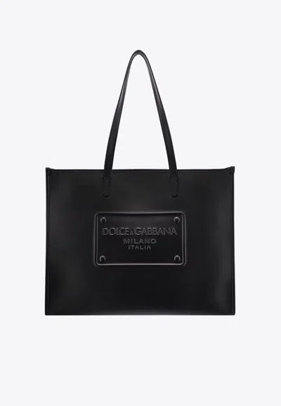 Dolce & Gabbana Logo Embossed Leather Tote Bag In Black
