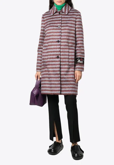 Marni Brushed Striped Single-breasted Coat In Burgundy