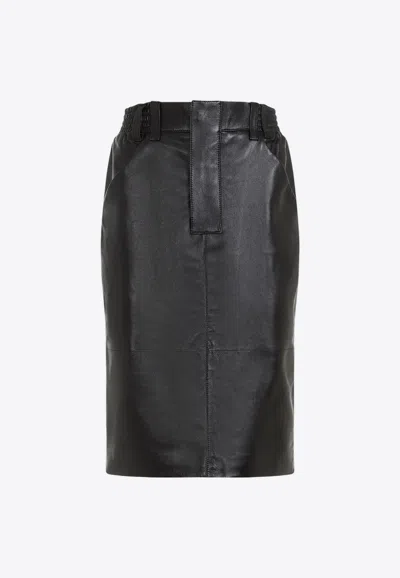 Saint Laurent Black Lamb Leather Midi Skirt In Black