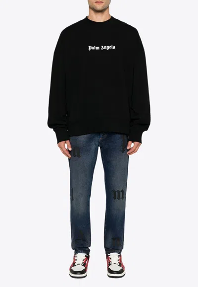 Palm Angels Black Cotton Crew Neck Sweatshirt With White Logo In Black