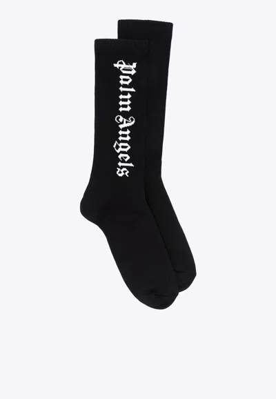 Palm Angels Black Vertical Logo Cotton-blend Socks In Multi