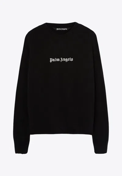 Palm Angels Black Cotton Crew Neck Sweatshirt With White Logo In Black