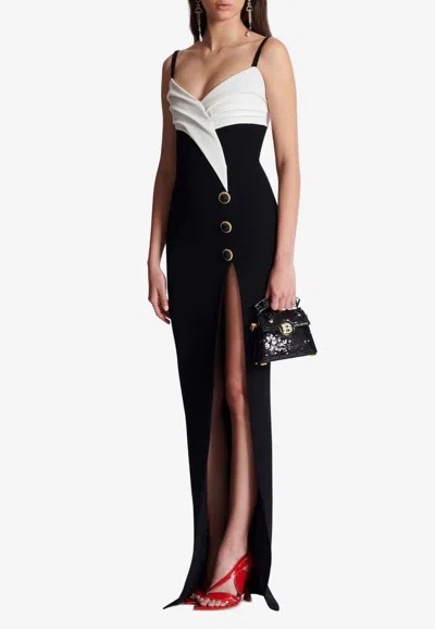 Balmain Two-tone Crepe Draped Long V-neck Split Dress In Black