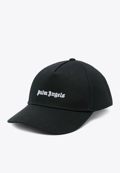 Palm Angels Black Baseball Cap With White Logo Print In Black
