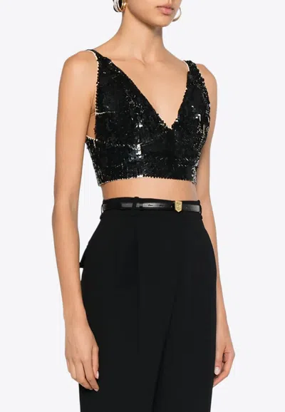 P.a.r.o.s.h Grand V-neck Sequined Cropped Top In Black