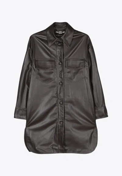 Stella Mccartney Oversized Faux Leather Shirt With Chest Pockets In Brown