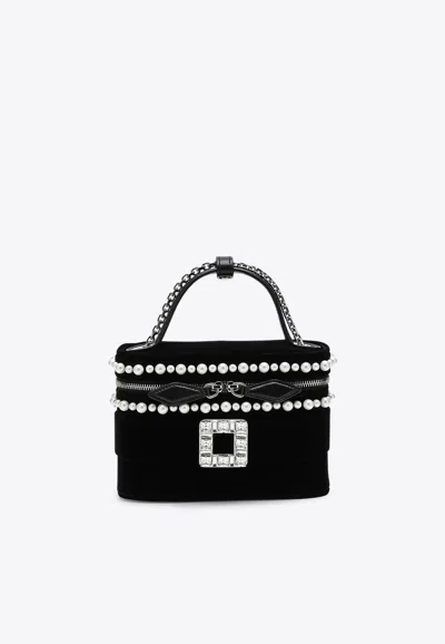 Roger Vivier Mini Velvet Vanity Handbag With Beads And Rhinestone Buckle In Black