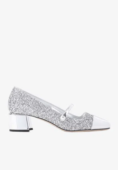 Jimmy Choo Glitter Mary Jane Pumps With Metallic Accents In Silver
