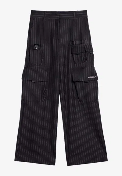 Off-white Wide Grey Pinstripe Cargo Trousers In Gray