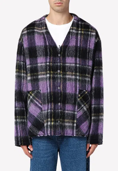 Palm Angels Over Shirt In Violet Check Wool In Purple