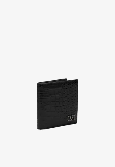 Valentino Vlogo Croc-embossed Leather Wallet In Black