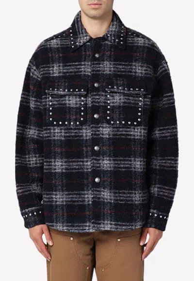 Palm Angels Plaid Check Studded Wool Overshirt In Blue
