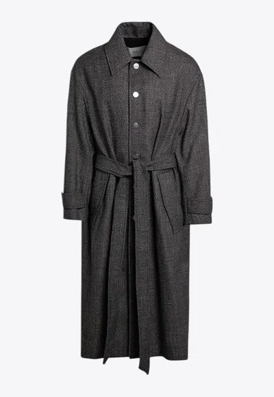 Ami Alexandre Mattiussi Wool-cotton Blended Large-profile Belted Coat In Gray