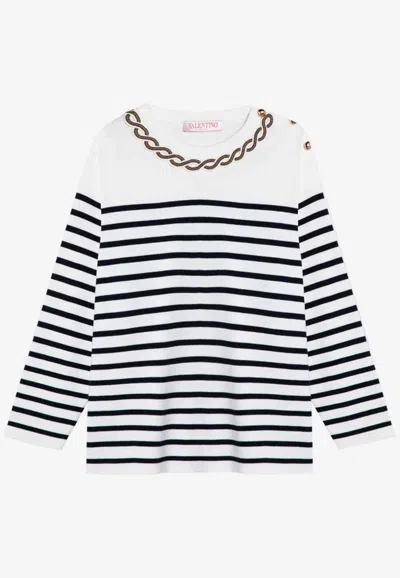 Valentino Embellished Striped Ribbed Cotton Sweater In Ivory