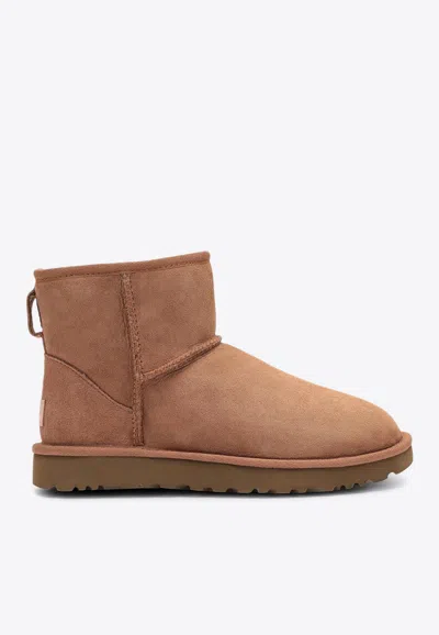 Ugg Classic Mini Beige Ankle Boots With Logo Patch On The Rear In Suede Woman In Brown