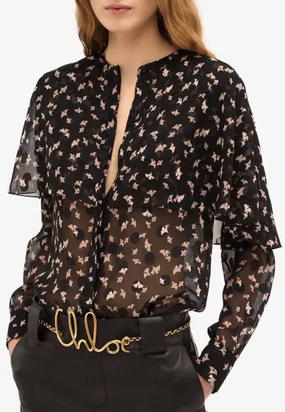 Chloé Ginkgo Print Satin Cape Blouse In Black