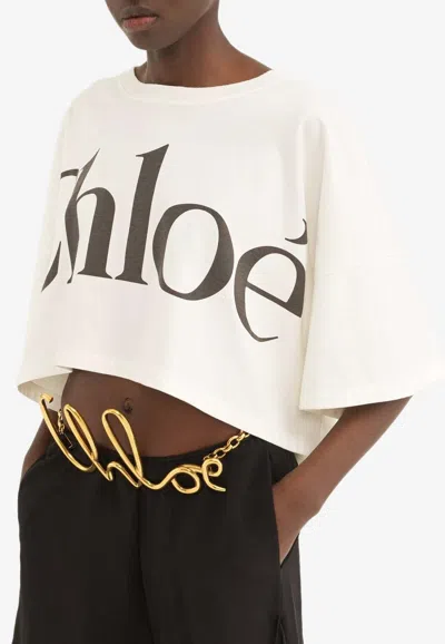 Chloé White Cropped Crewneck T-shirt With Maxi Logo Print On The Front In Cotton Woman In White
