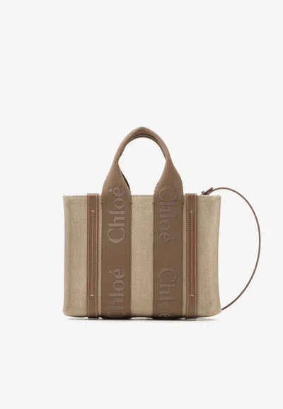 Chloé Woody Small Canvas And Leather Tote Bag In Beige