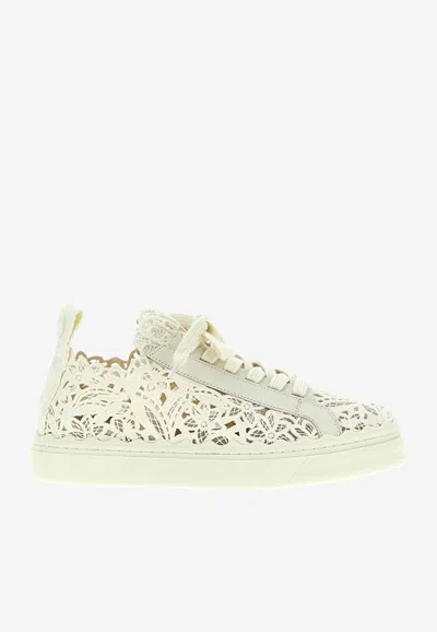 Chloé Lauren Scalloped Leather-trimmed Lace High-top Sneakers In White