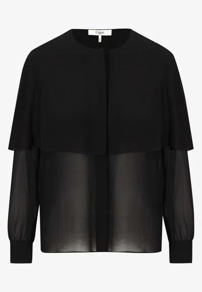 Chloé Blouse Cape En Georgette De Soie Femme Noir Taille 40 100% Soie, Pinctada Maxima, Farmed, Coo Austra In Black