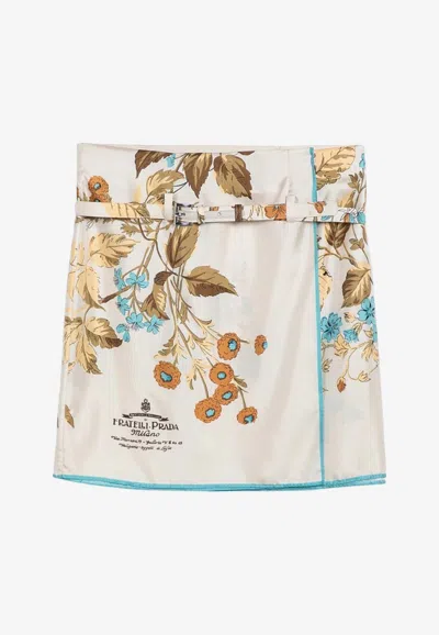 Prada Floral-print Archive-logo Silk-twill Mini Skirt In Beige