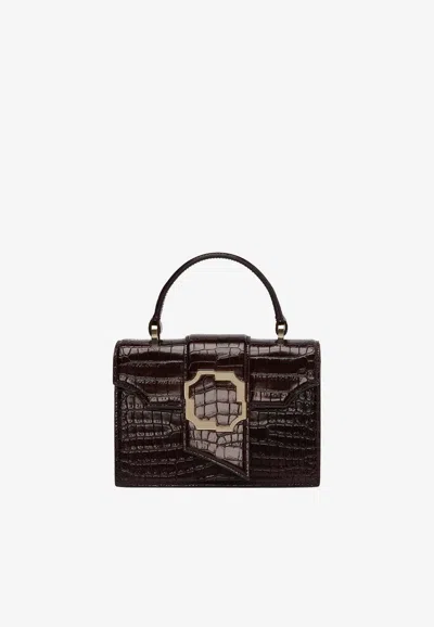 Malone Souliers Mini Audrey Crest Buckle Top Handle Bag In Croc-embossed Leather In Ebony