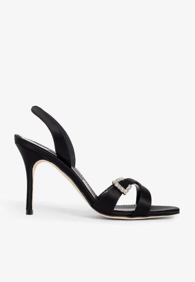 Manolo Blahnik Ramisli 90 Crystal Buckle Satin Sandals In Black