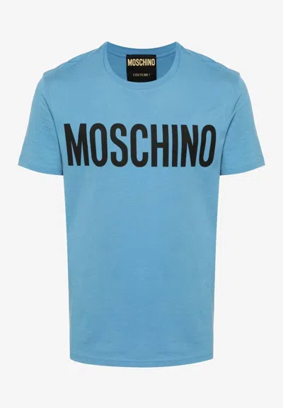Moschino Blue Printed-logo T-shirt In Blue