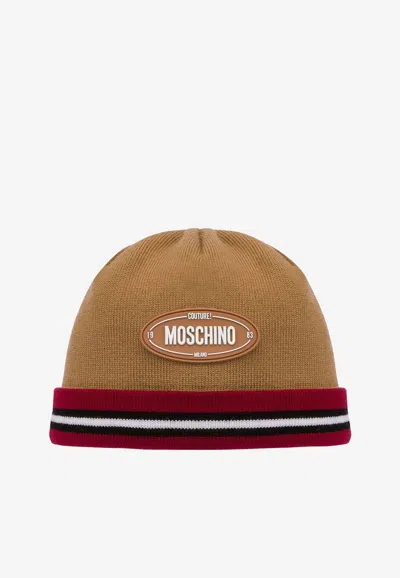 Moschino Logo-appliqué Virgin Wool Beanie In Brown