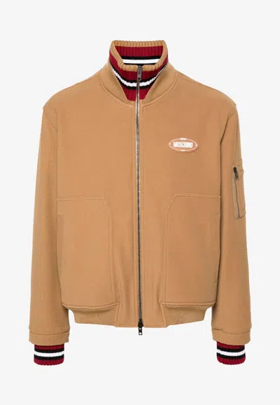 Moschino Logo-patch Twill Bomber Jacket In Brown