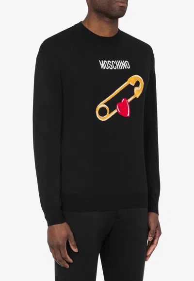 Moschino Extra-fine Merino Wool Pullover Heart Safety Pin In Black