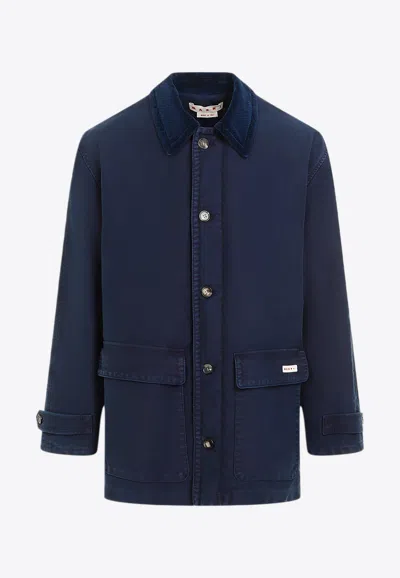 Marni Logo Patch Buttoned Coat In Navy