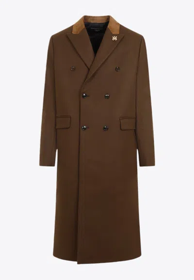 Amiri Wool Blend Double-breasted Coat With Suede Collar For Men In Brown