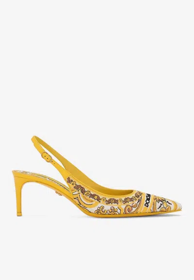 Dolce & Gabbana Maiolica Lollo Leather-trimmed Canvas-jacquard Slingback Pumps In Yellow
