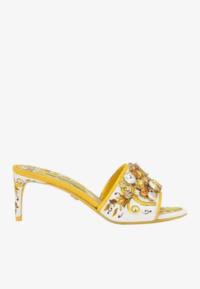 Dolce & Gabbana Keira 60 Majolica Print Crystal Embellished Mules In Yellow