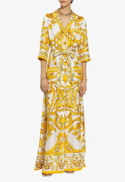 Dolce & Gabbana Majolica Silk Twill Maxi Dress In Yellow