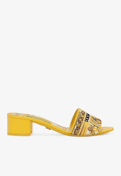 Dolce & Gabbana Karol Embroidered Block-heel Slide Sandals In Yellow
