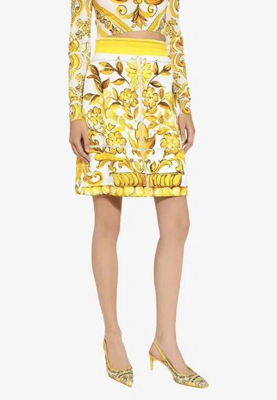 Dolce & Gabbana Majolica Print Brocade A-line Mini Skirt In Yellow