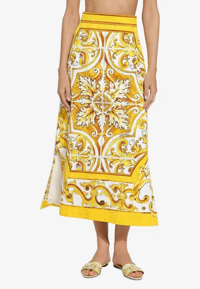 Dolce & Gabbana Majolica Print Midi A-line Skirt In Yellow