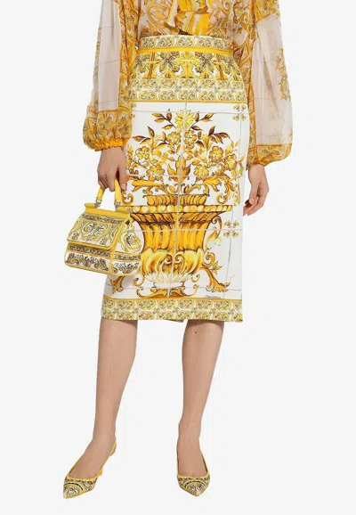 Dolce & Gabbana Majolica Print Silk Midi Pencil Skirt In Yellow