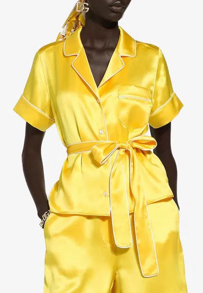 Dolce & Gabbana Belted Silk Shirt In Yellow